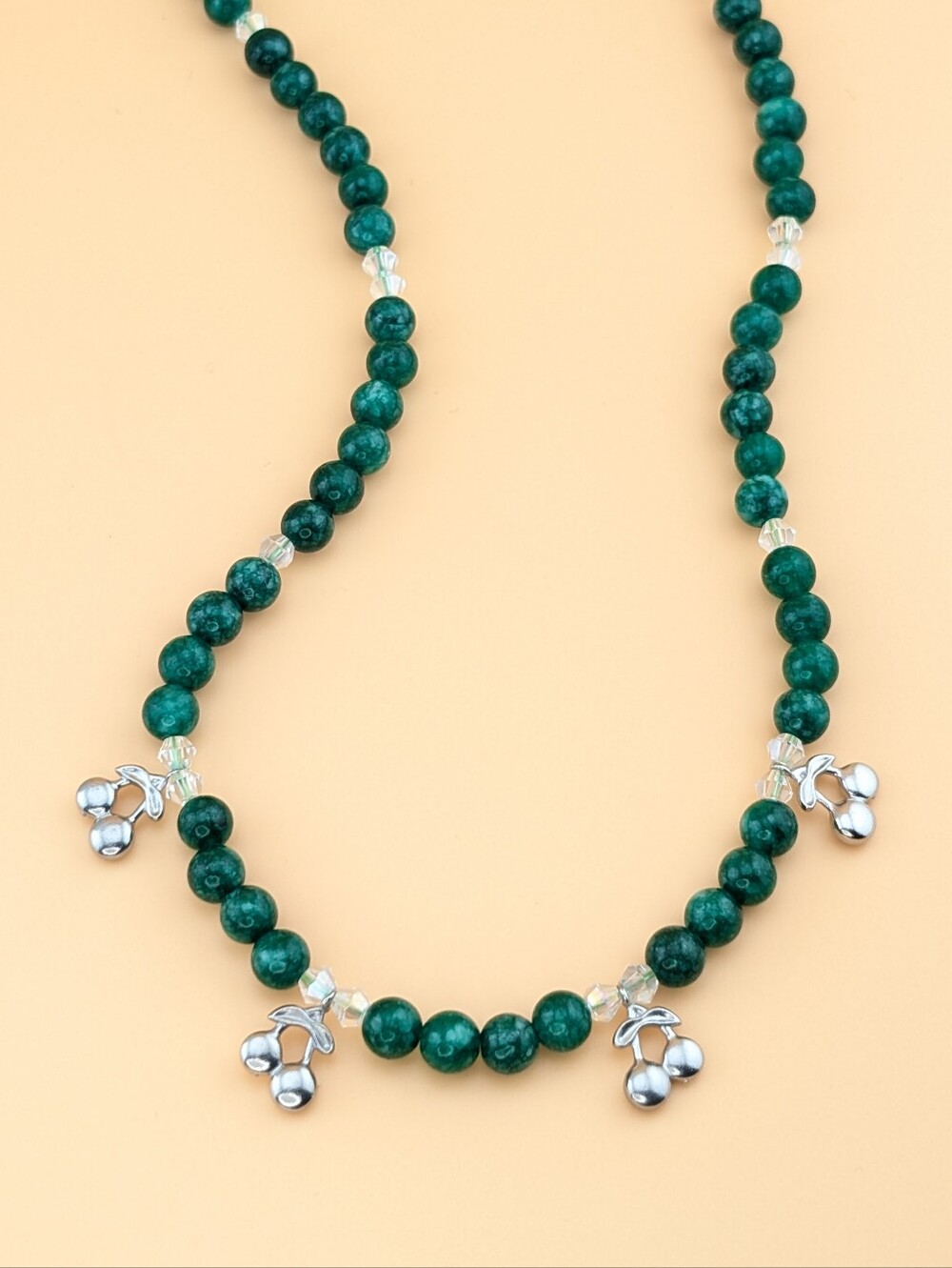 Cherry Charms & Quartz Gemstone Green Bead Boho Necklace
